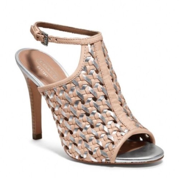 Coach Beige Silver Leather Woven Leela Heels - Picture 2 of 8